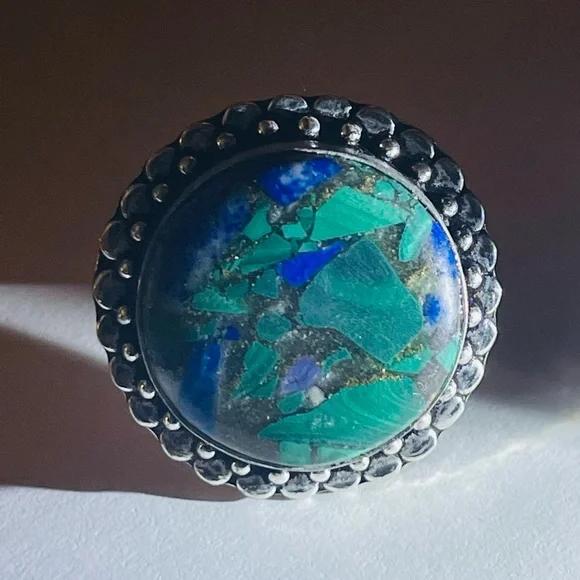 New Artisan Blue Green Natural Azurite Stone 925 Sterling Silver Circle Ring - Picture 4 of 15